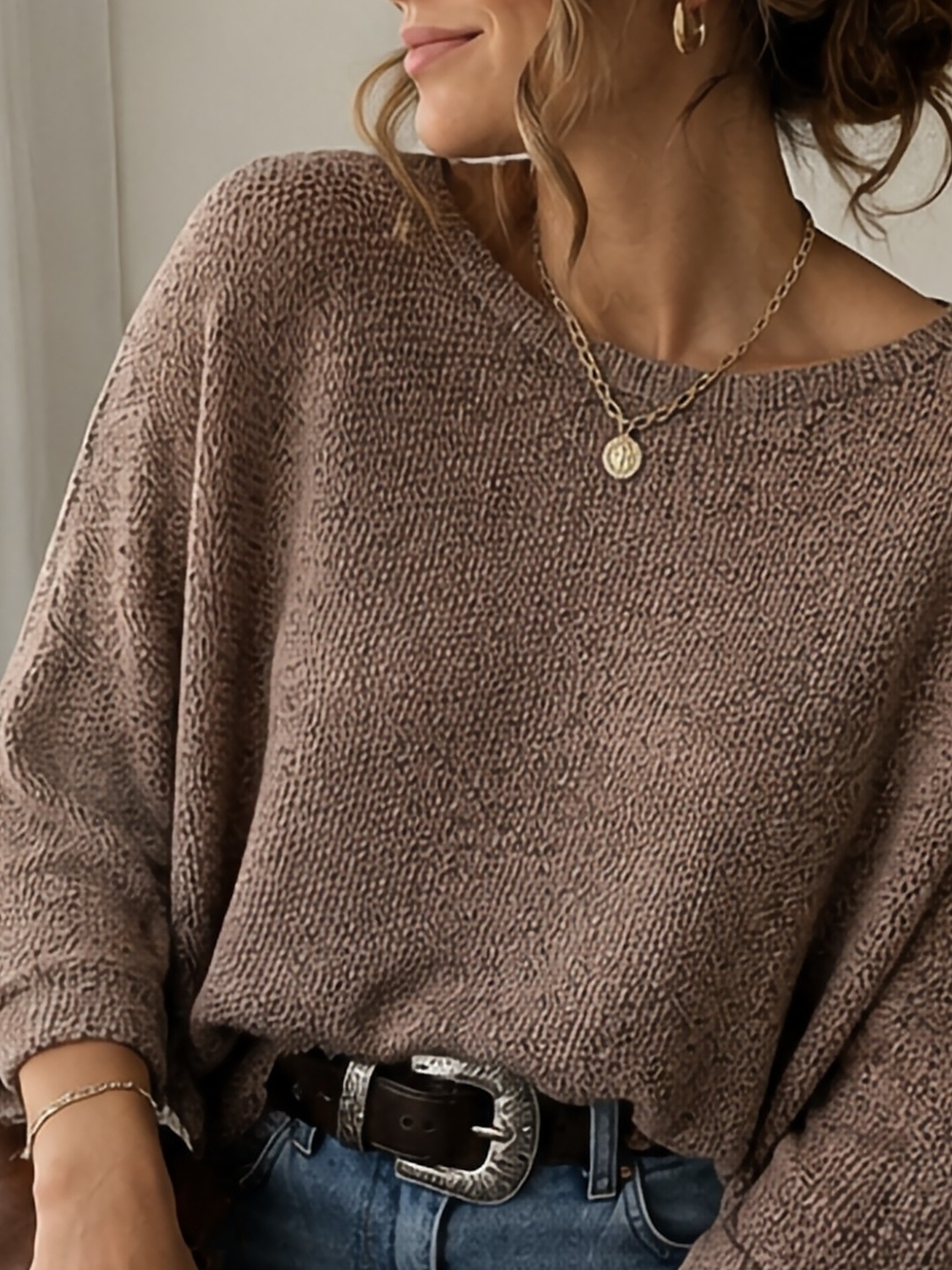 Cyrus Taupe-Brown Boatneck Knit Sweater